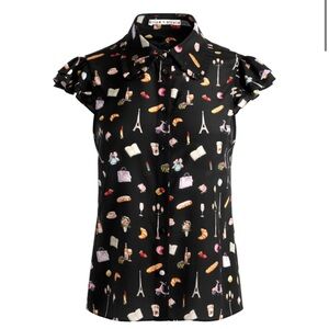 Alice + Olivia Martel Printed Black Women's Blouse Top. 100% Silk
